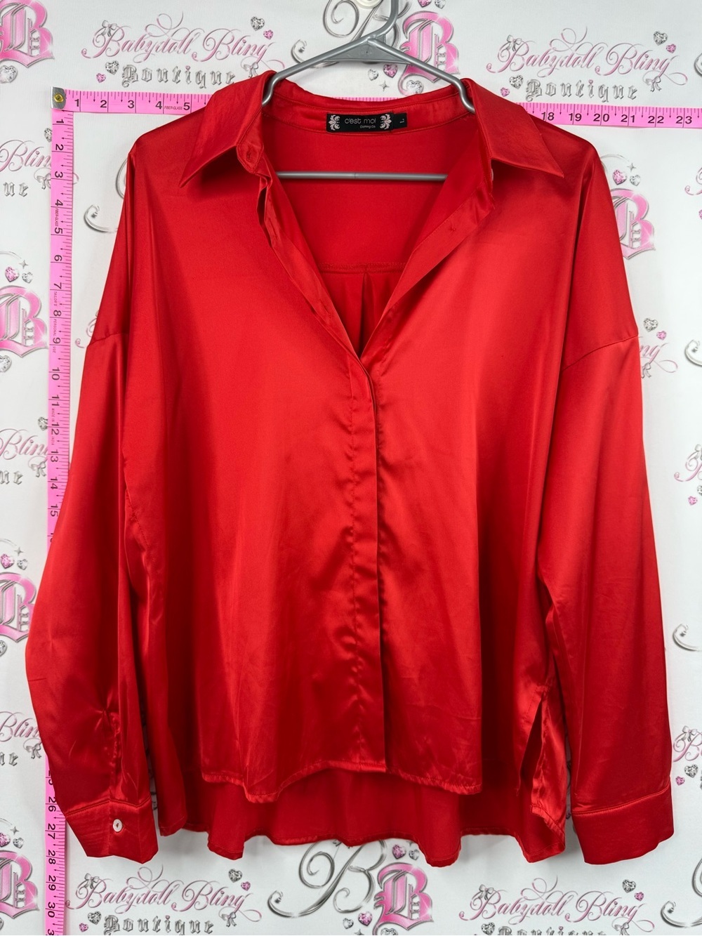 C’est moi button up long sleeve shiny bright top Red Satin Button-Up Shirt